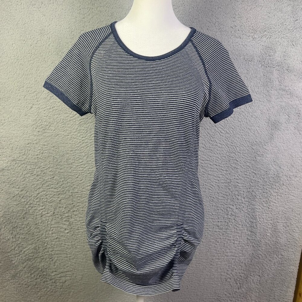 Athleta Fast Track Tee Womens Medium Blue Stripe Ruched Short Sleeve Active